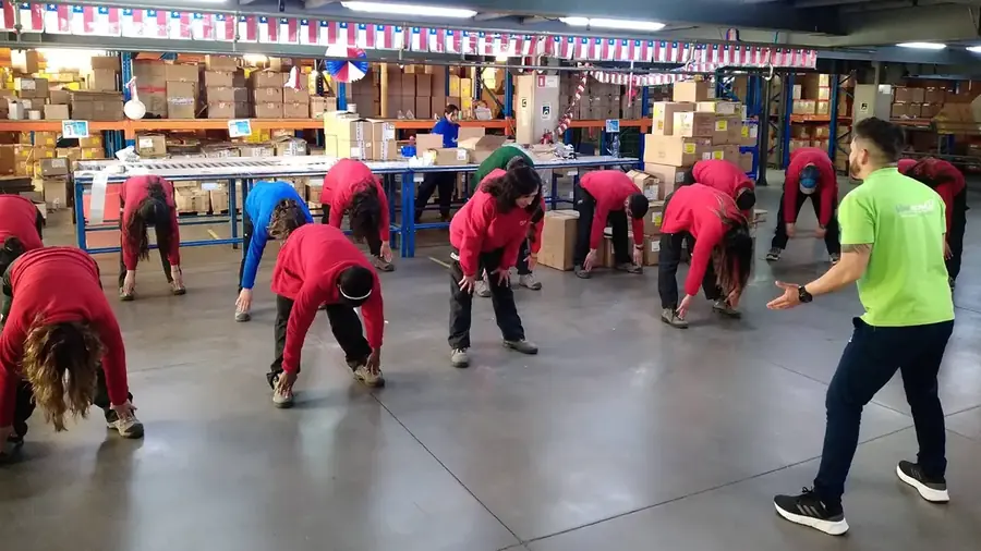 Pausa activa en bodega con equipo de trabajo